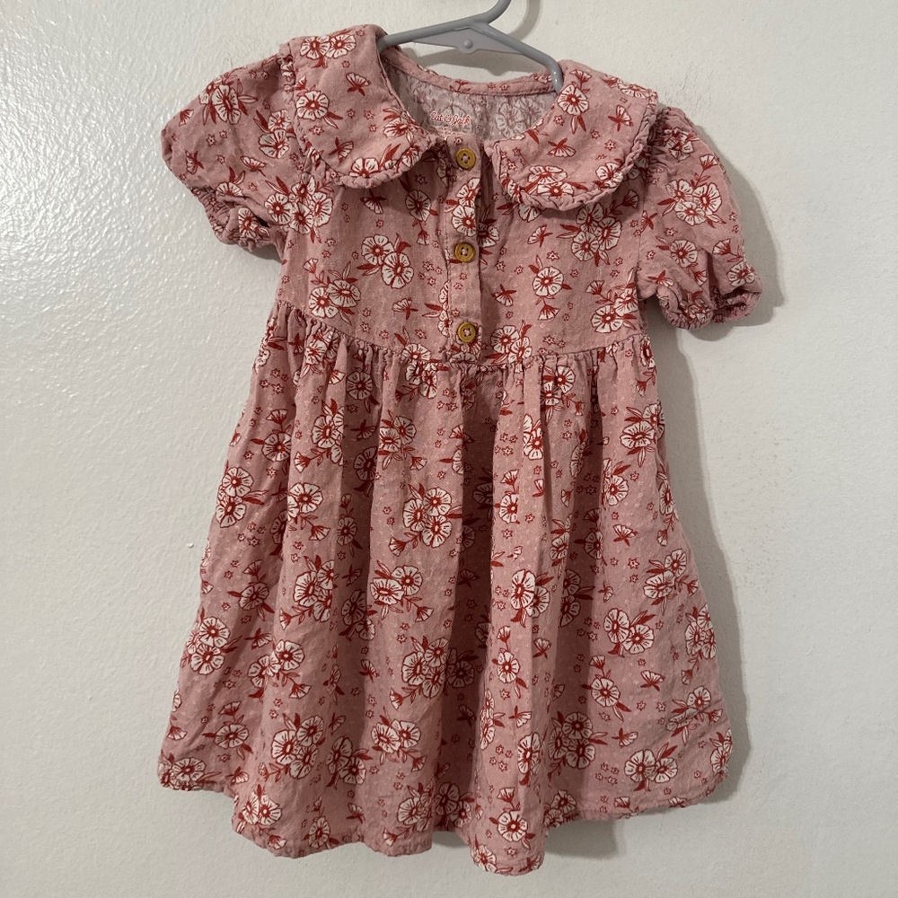 Cat & Jack Pink Floral Spring Dress 2T Peter Pan Collar Button Pockets